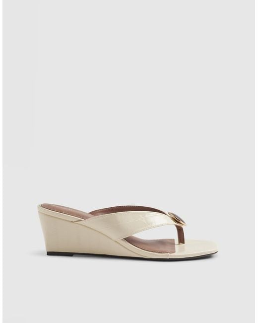 River Island Natural Cream Croc Embossed Toe Thong Wedges