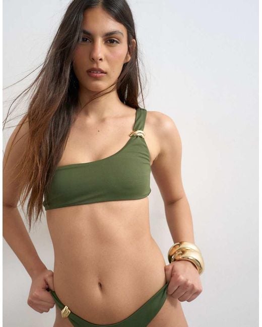 TOPSHOP Green Tatum One Shoulder Bikini Top With Hardware