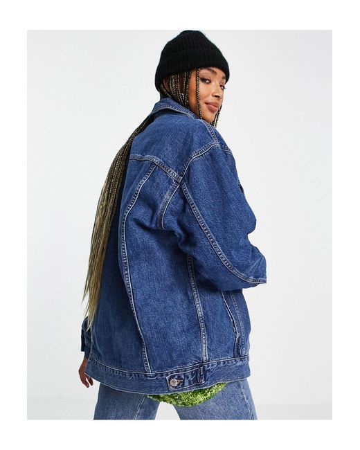 TOPSHOP Dad Denim Jacket With Check Lining in Blue | Lyst