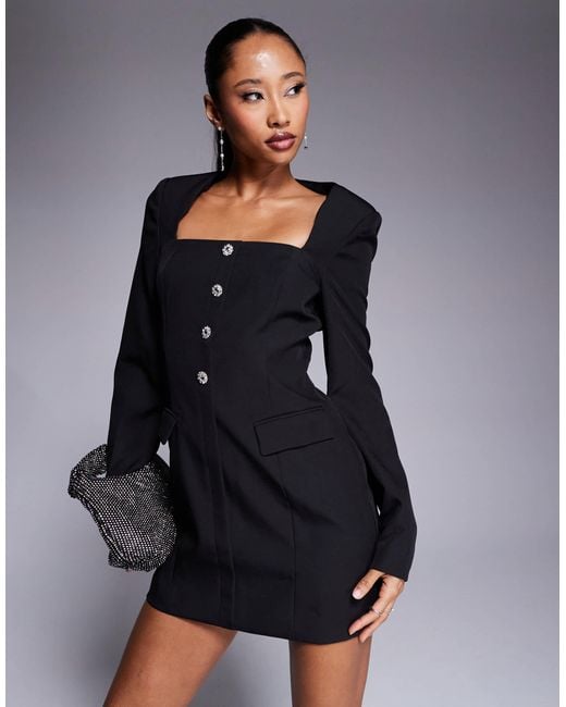 Kaiia Black Exclusive X Sasha Corte Exclusive Tailored Square Neck Diamante Button Through Mini Dress