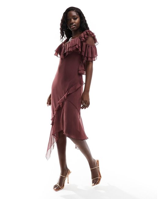 Robe mi longue asymetrique a volants baie ASOS en coloris Rouge Lyst