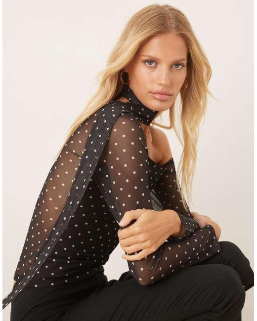 ASOS Black Polka Dot Mesh Long Sleeve Asymmetric Top With Scarf Detail