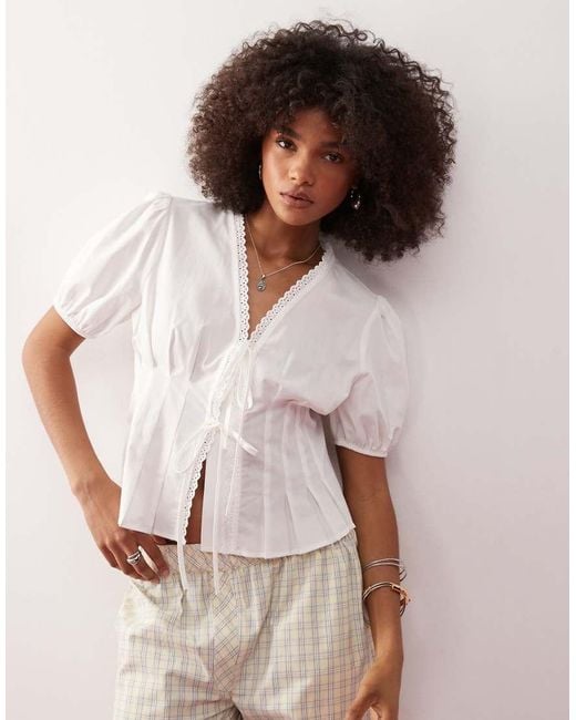 Collusion White Tie Front Puff Sleeve Top With Cinched Waist