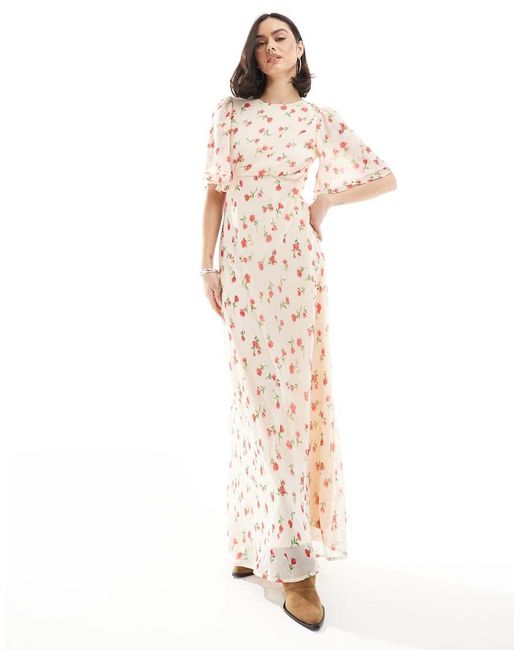 Wednesday's Girl White Floral Print High Neck Ruffle Sleeve Maxi Dress