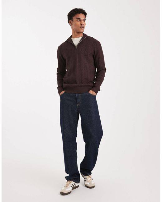 Threadbare Brown Cable Knit Quarter Zip Jumper for men