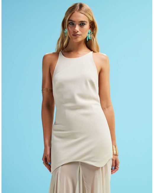 ASOS Blue High Neck Structured Maxi Dress With Waved Hem And Chiffon Godet Skirt