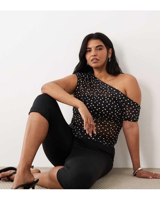 ASOS Black Asos Design Curve Sheer Mesh Ruched Off Shoulder Asymmetric Top