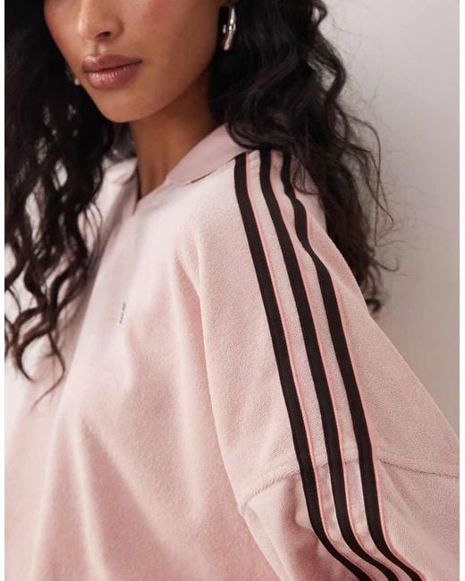 Adidas Originals Pink Terry Towel V Neck Long Sleeve Polo Shirt