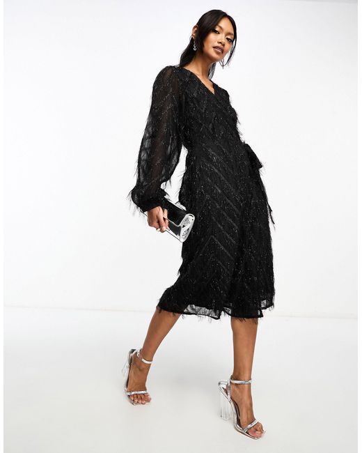 Vila Black Fluffy Textured Wrap Midi Dress