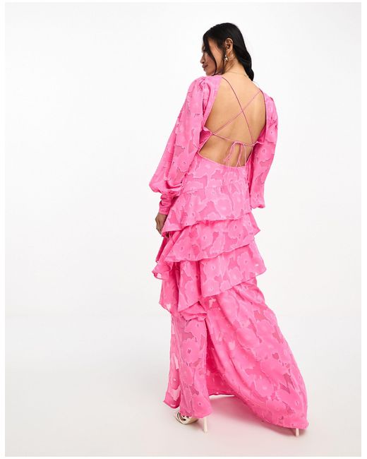 Pretty Lavish Pink Asymmetric Ruffle Jacquard Maxi Dress