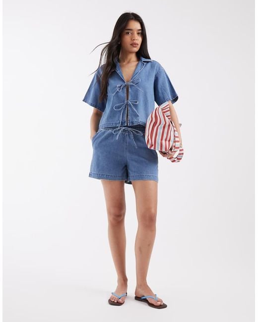 JJXX Blue Co-ord Linen Mix Drawstring Pull On Shorts