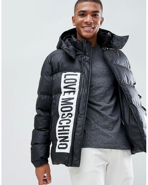 Love Moschino Printed Logo Puffer Jacket in Black for Men | Lyst UK