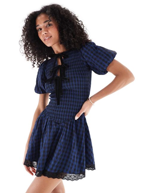Daisy Street Blue Shirred V Neck Mini Dress With Ties