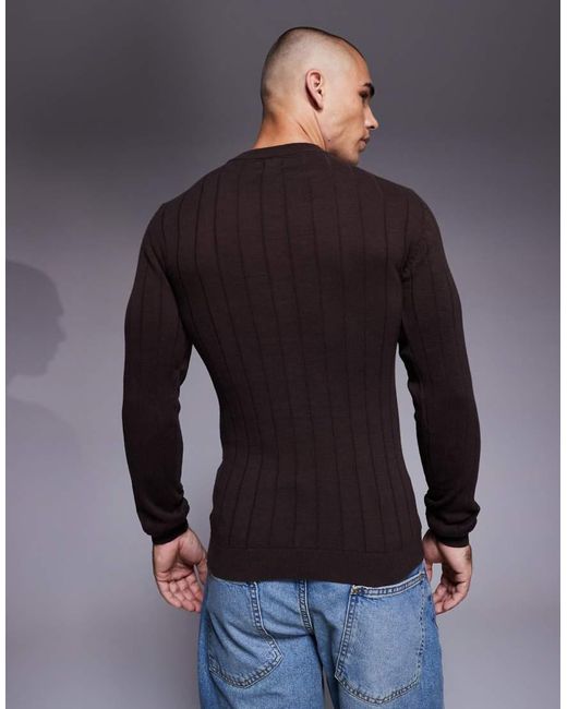 ASOS Blue Muscle Fit Long Sleeve Knitted Rib T-Shirt for men