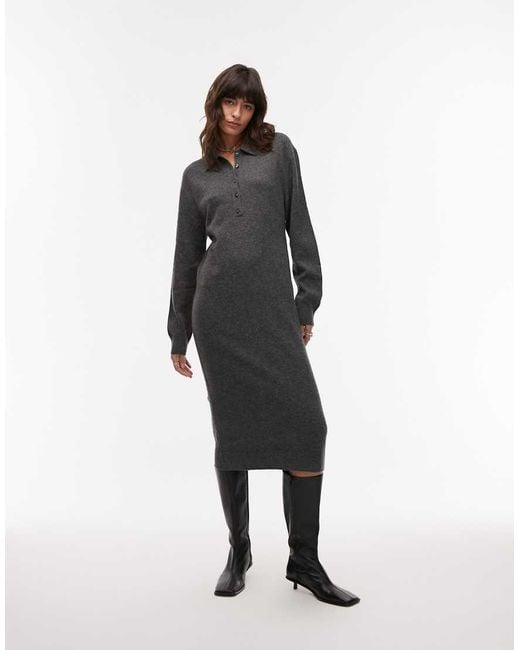 ARKET White Wool Knitted Midaxi Dress With Deep Placket Polo Collar