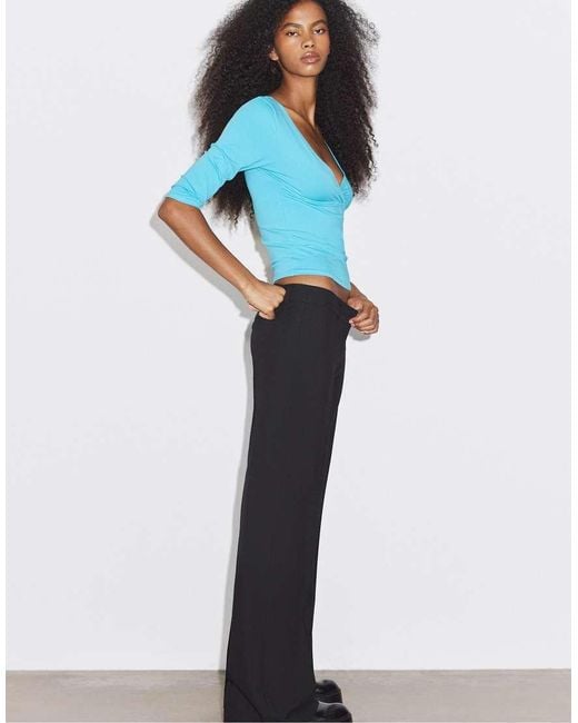 Stradivarius Blue Low-Rise Straight Smart Trousers