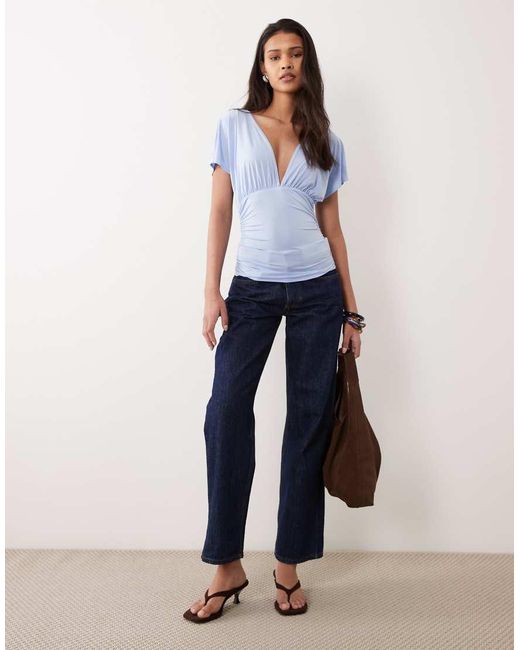Miss Selfridge Blue V-neck Top With Gathered Waist