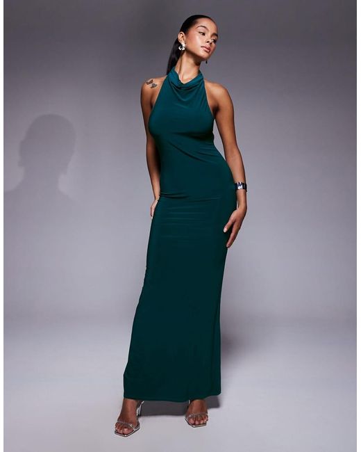 ASOS Blue Halter Draped Maxi Dress With Open Back
