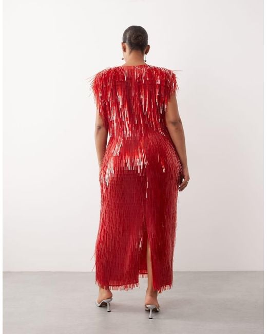 ARRANGE Red Curve All Over Shard Sequin Strong Shoulder Maxi Dress