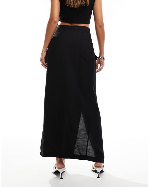 Kaiia Black Exclusive Linen Look Buckle Detail Maxi Skirt