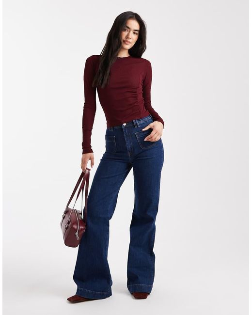 ASOS Textured Mesh Long Sleeve Top With Side Ruching Detail