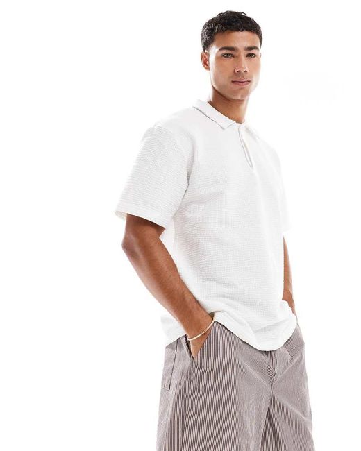 Jack & Jones White Textured Oversize Polo for men