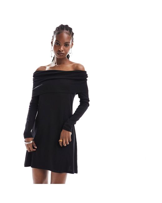 Monki Black Jersey Mini Dress With Ruche Off Shoulder Detail