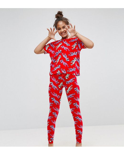 ASOS Dinosaur Print Tee & Legging Pyjama Set in Red | Lyst UK