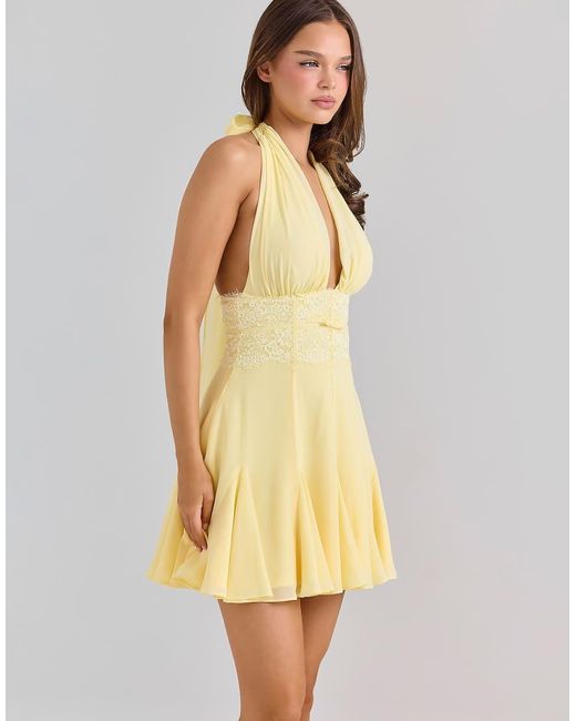 House Of Cb Yellow Ailani Butter Georgette Halter Neck Mini Dress