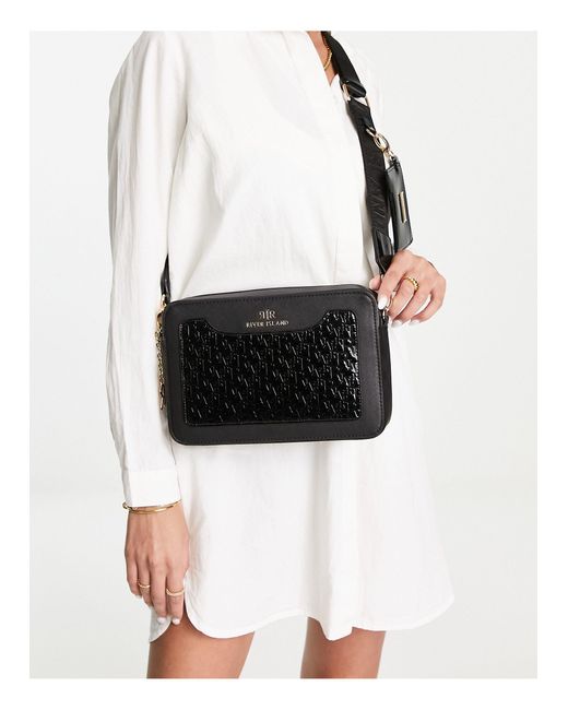 River Island Synthetic Boxy Monogram Cross Body Bag in Black Lyst