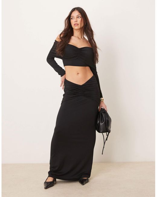 Jupe froncée longue d'ensemble en tulle à taille froncée en v ASOS en coloris Black