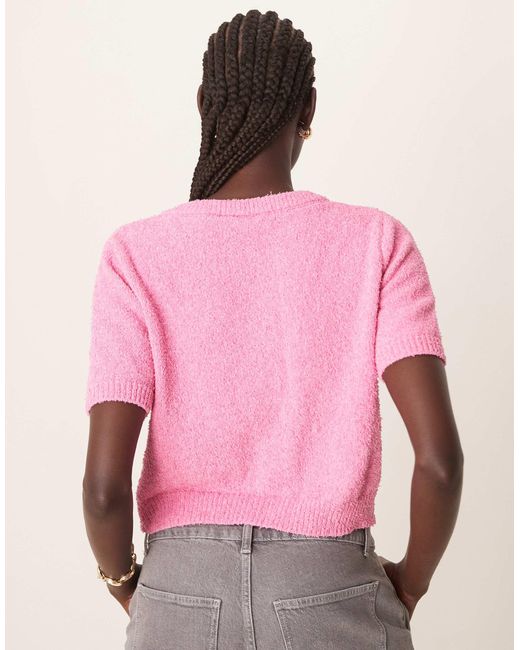 Vila Pink Fluffy Knit Short Sleeve Cardigan Style Top