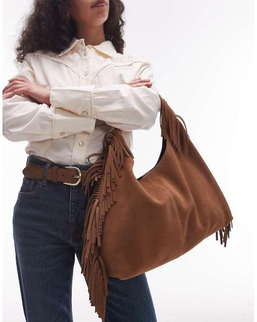 & Other Stories Brown Slouchy Suede Leather Fringe Shoulder Bag