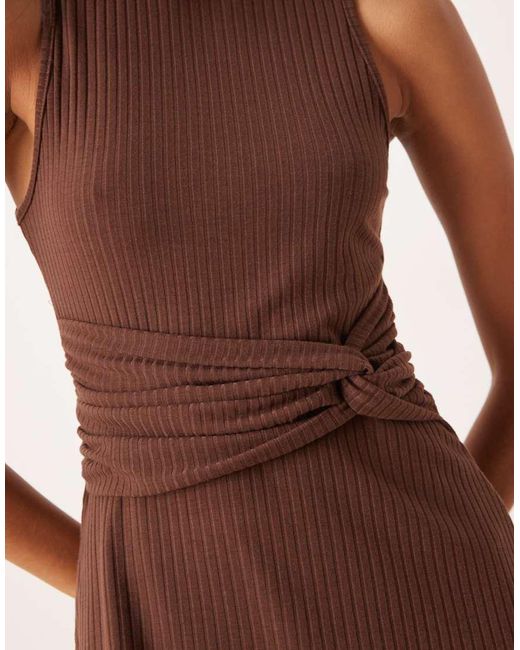 ASOS Brown Ribbed Sleeveless Racer Knot Waist Mini Dress