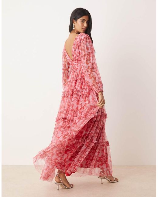 LACE & BEADS Pink Long Sleeve Maxi Dress