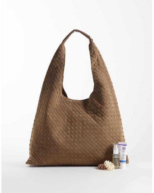 New Look Brown Faux Suede Weave Slouch Bag