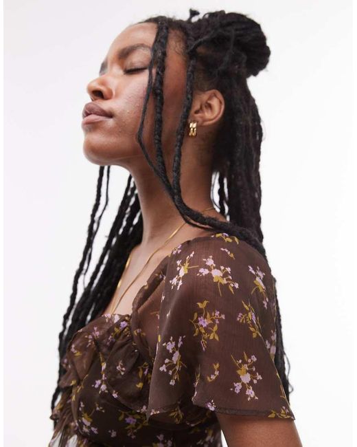 TOPSHOP Jurk Met Ruches En Bloemenprint in het Brown