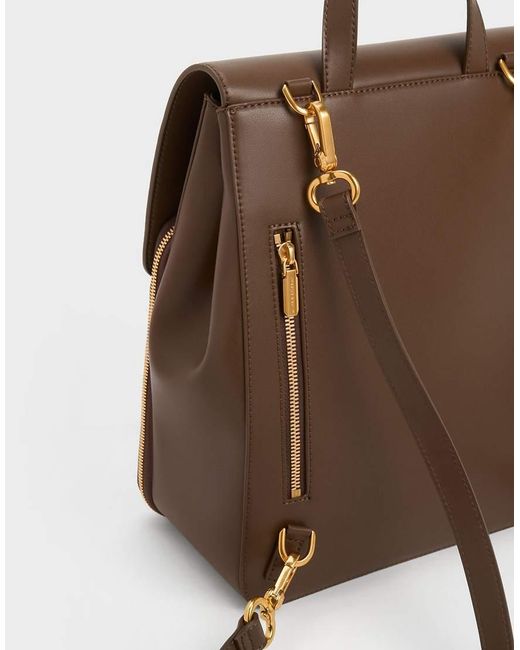 Charles & Keith Brown Octavia Front Flap Structured Backpack