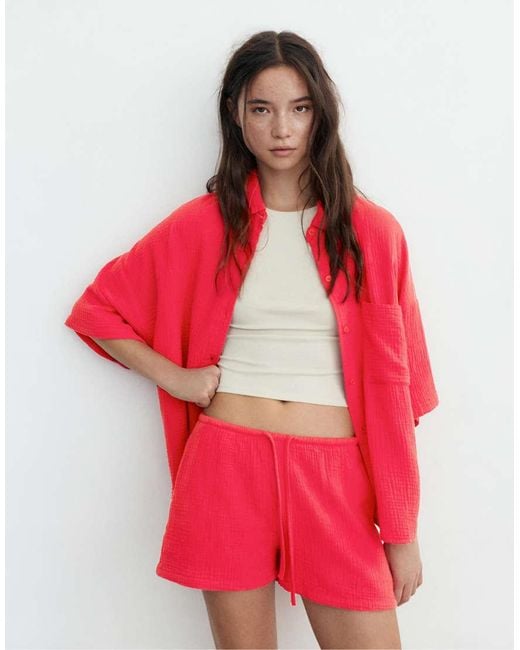 Pull&Bear Red Textu Cotton Shorts