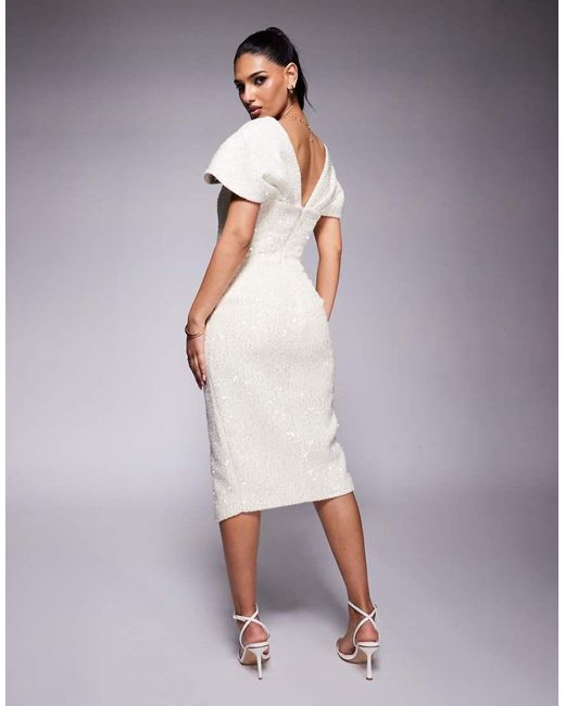 Lavish Alice Purple Draped Bardot Sequin Boucle Midi Dress