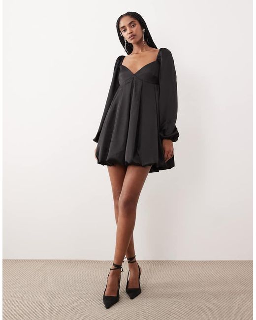 Gina Tricot Black Long Sleeve Sweatheart Neck Bubble Mini Dress