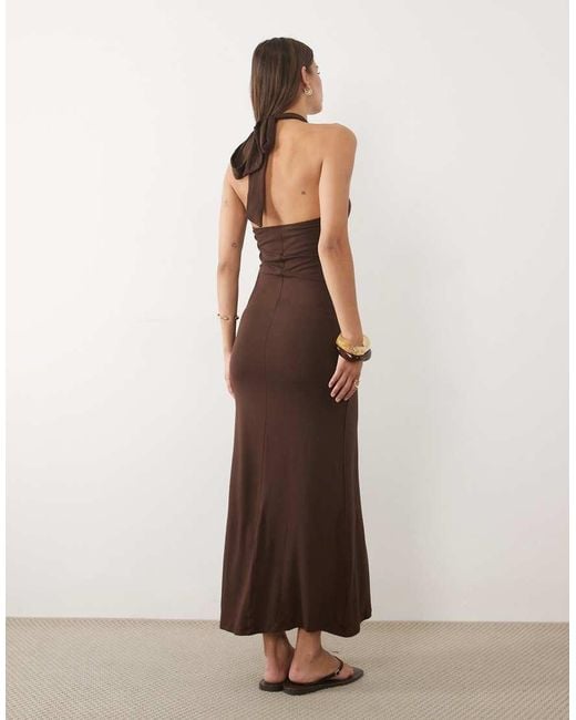 ASOS Brown Halter Open Back Midi Dress With Twisted Neck Detail