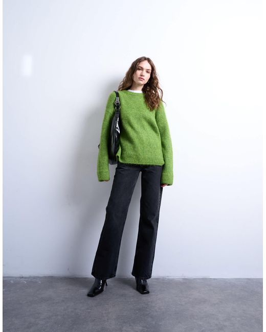 TOPSHOP Green Knit Boxy Fluffy Crew Neck Sweater