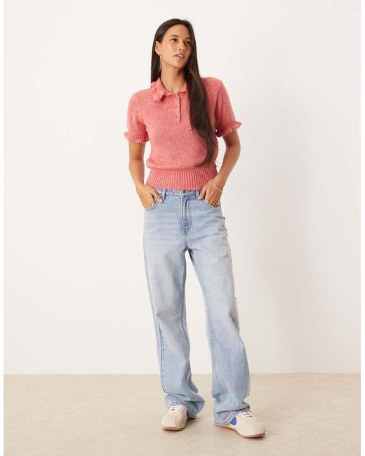 ASOS Red Frill Detail Nipped Waist Knitted Polo Top