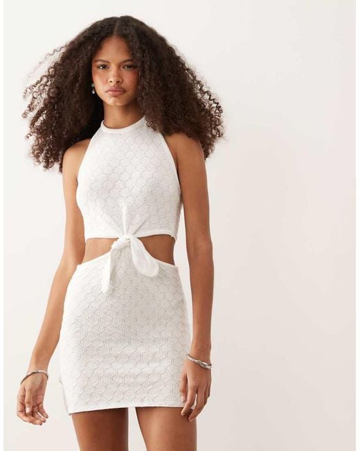 Mango Natural Teen Embroidered Cut Out Halterneck Mini Dress