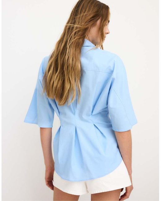 Stradivarius Blue Poplin Shirt With Kimono Sleeves And Pleats