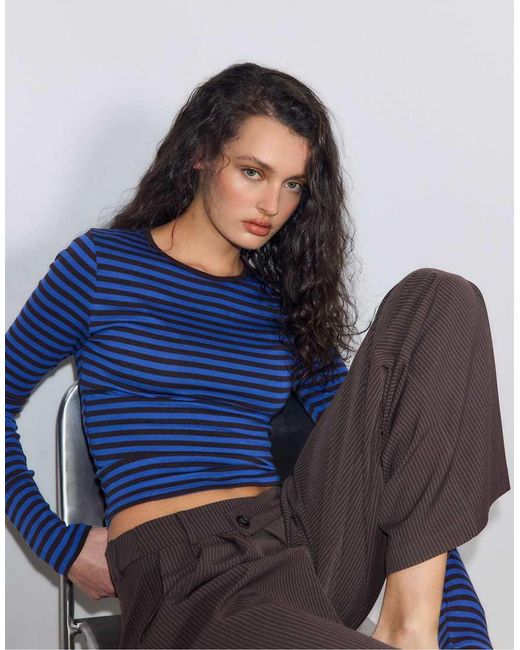 Stradivarius Blue Basic Long Sleeve Striped Cotton T-Shirt