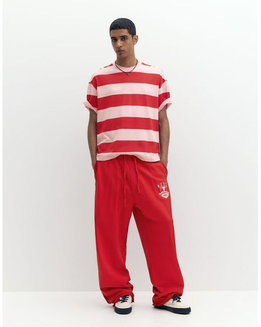 Pull&Bear Red Striped Short Sleeve T-Shirt for men