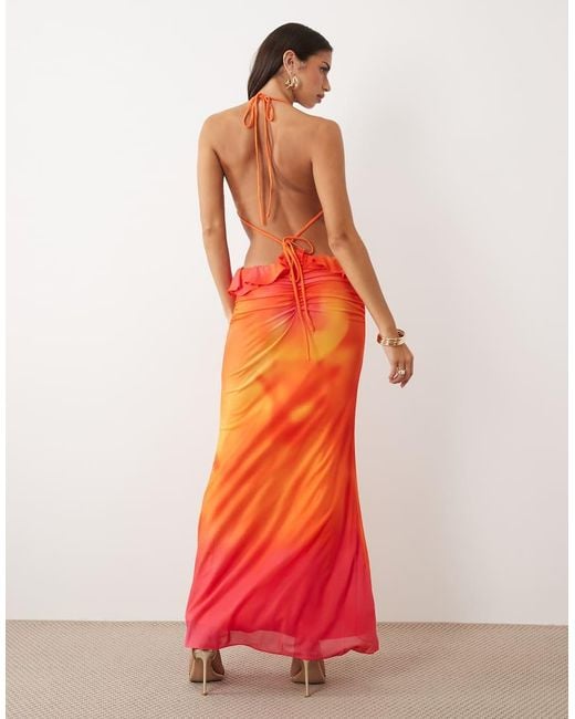 Wanderdoll Red Lola Halterneck Ruffle Cut Out Detail Maxi Dress