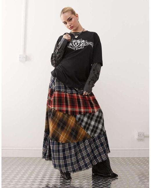 Minga Multicolor London Plaid Patchwork Asymmetric Maxi Skirt-multi